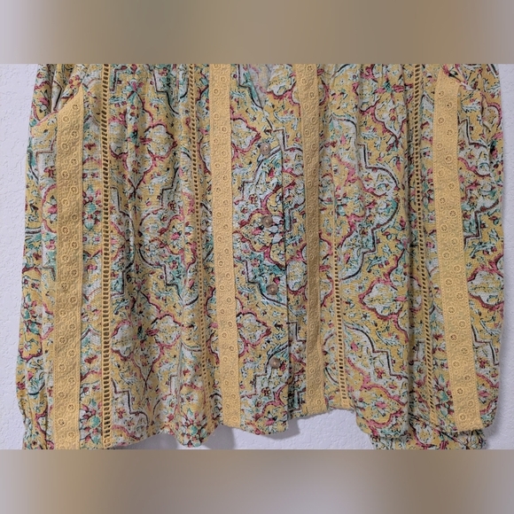 Anthropologie Yellow Printed Embroidered Puff Sleeve V-Neck Button-Up Blouse - Picture 8 of 12